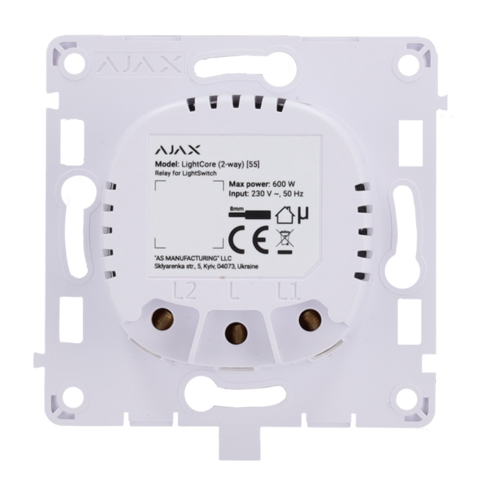 Relé para interruptor de luz conmutable - Inalámbrico 868 MHz Jeweller - Alcance de comunicación hasta 1100 m - Alimentación 230 V AC 50 Hz - Sin necesidad de cable neutro - Ajax - LightSwitch LightCore (2 Way)