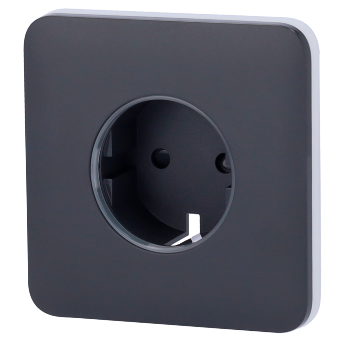 Tapa frontal para enchufe inteligente tipo F - Compatible con AJ-OUTLETCORE-SMART - Indicador LED sobre estado del enchufe y consumo - Botón táctil para control manual - Retroalimentación LED - Color grafito
