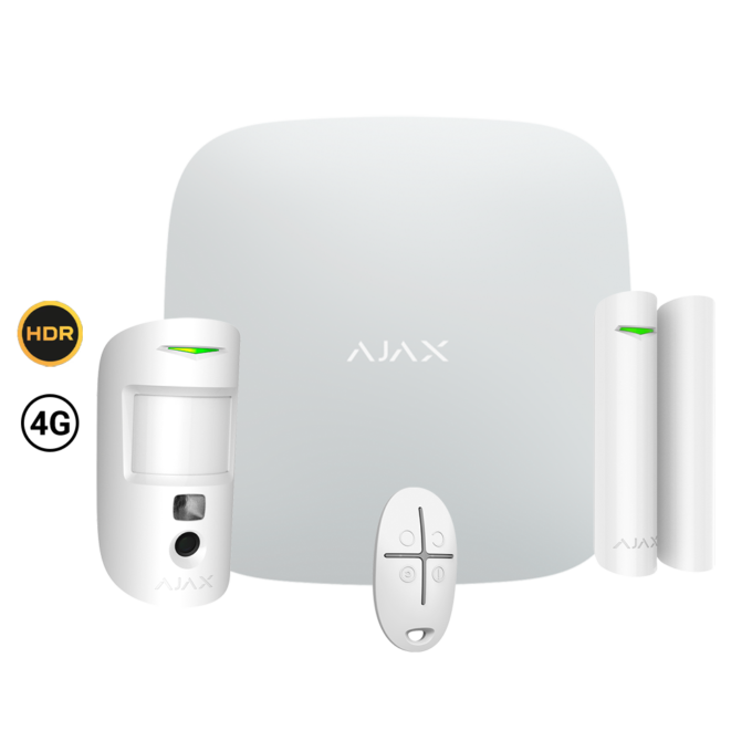 AJ-STARTERKIT-CAM-HDR-4G-W Kit de alarma profesional - Certificado Grado 2 - Comunicación Ethernet y dual SIM 4G (LTE) - Inalámbrico 868 MHz Jeweller y Wings - Ajax HUB 2, 1 PIRCAM HDR - 1 Contacto magnético y 1 mando