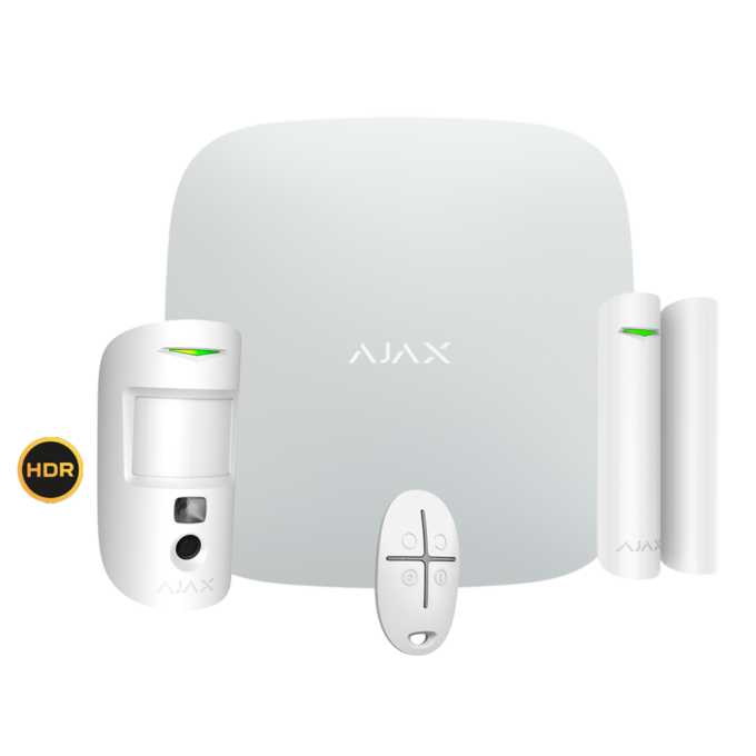 AJ-STARTERKIT-CAM-HDR-W Kit de alarma profesional - Certificado Grado 2 - Comunicación Ethernet y dual SIM GPRS - Inalámbrico 868 MHz Jeweller y Wings - Ajax HUB 2, 1 PIRCAM HDR - 1 Contacto magnético y 1 mando