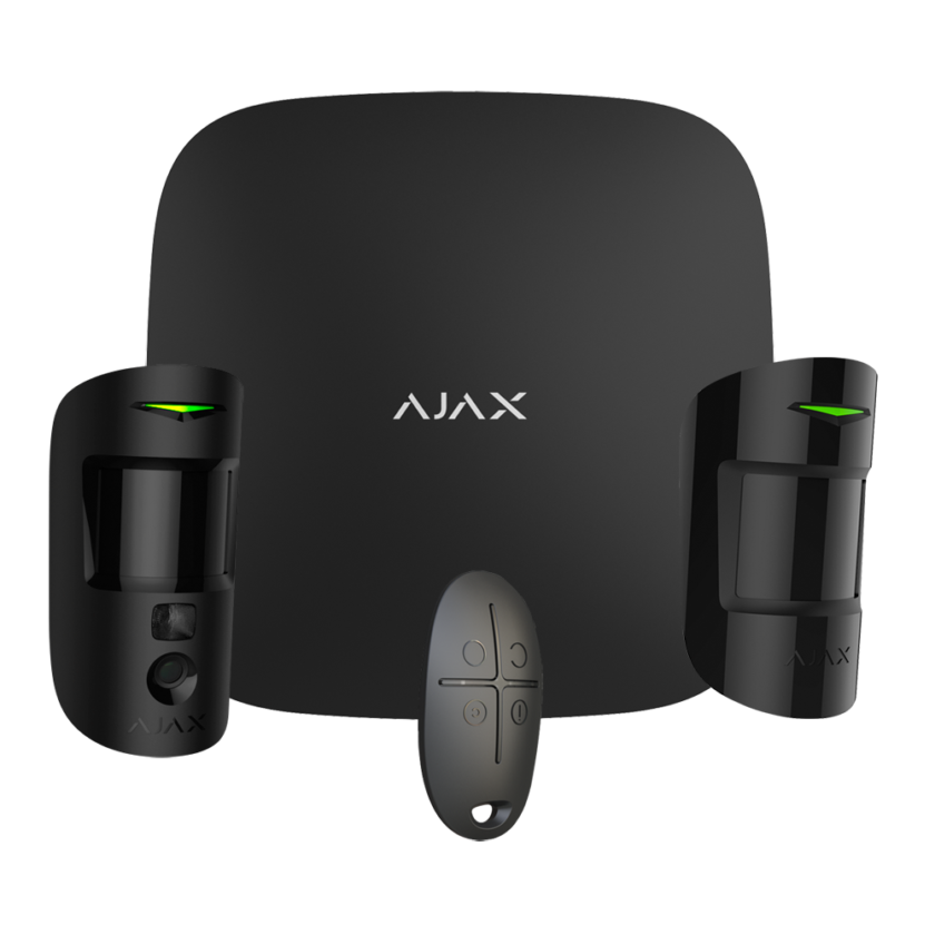 Kit de alarma profesional - Certificado Grado 2 - Comunicación Ethernet y dual SIM GPRS - Inalámbrico 868 MHz Jeweller y Wings - Ajax Hub 2, 1 PIRCAM - 1 detector PIR y 1 mando