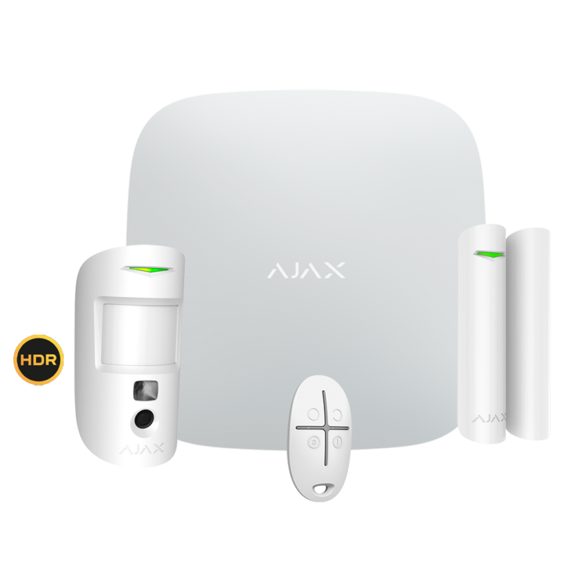 Kit de alarma profesional - Certificado Grado 2 - Comunicación Ethernet / Wi-Fi / dual SIM 4G - Inalámbrico 868 MHz Jeweller y Wings - Ajax HUB 2 Plus, 1 PIRCAM HDR - 1 Contacto magnético y 1 mando