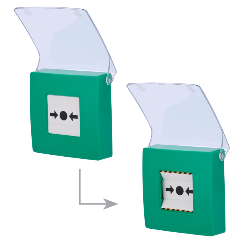 Botón manual de alarma de incendio verde - Inalámbrico 868 MHz Jeweller - Botón alarma incendio o activador de escenarios - Compatible con función de alarma interconectada - Transmisión de alarmas a CRA (configurable) - Alimentación 2 pilas CR123A