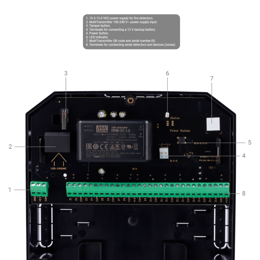 Expansor vía radio - Certificado NFA2P y Grado 2 - Expansor de zonas cableadas vía radio - Inalámbrico 868 MHz Jeweller - Hasta 18 Entradas cableadas de alarma y tamper - Alarma configurable NC, NO, EOL, 2EOL, 3EOL - Doble salida de alimentación 12V / 1A