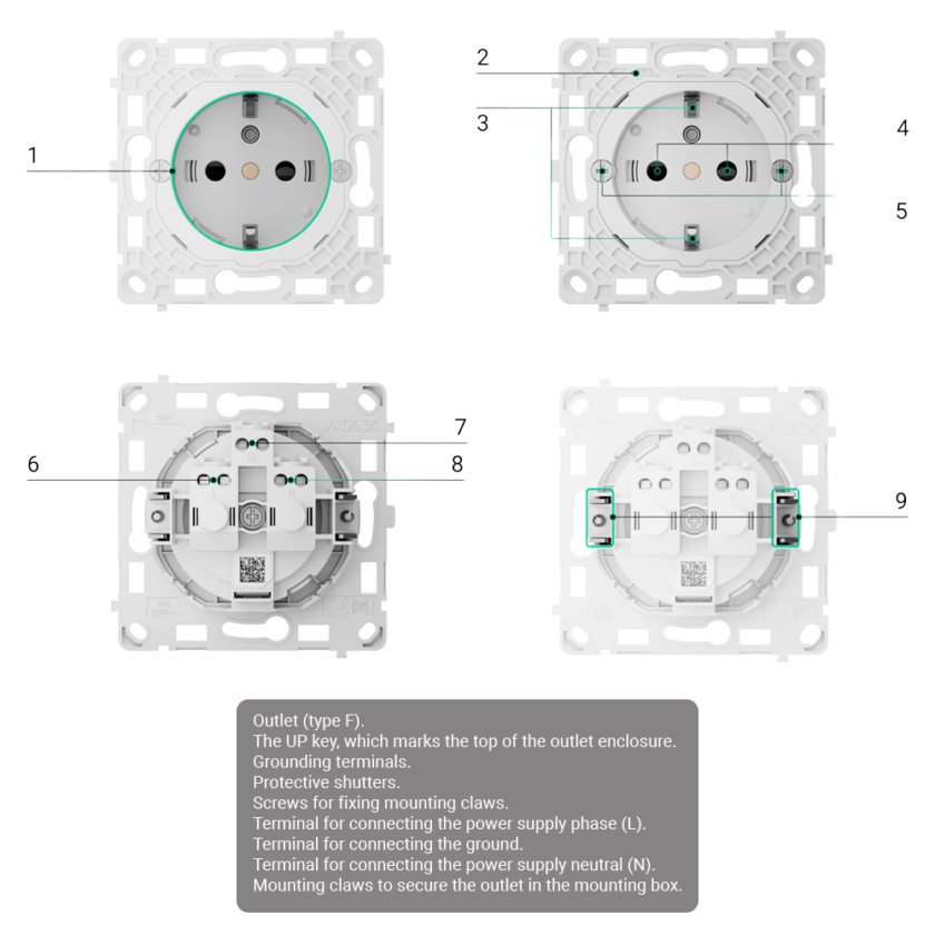 Enchufe básico vertical tipo F - Alimentación 250 V AC 50/60 Hz - Hasta 3.6 kW (carga resistiva a 250 V) - Protección contra polvo y salpicaduras - Anti inserción de objetos - Sin control remoto